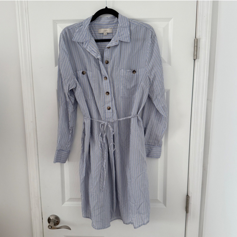 LOFT Striped Button Front Shirt Dress Tie Waist Long Sleeve XL Blue White Casual